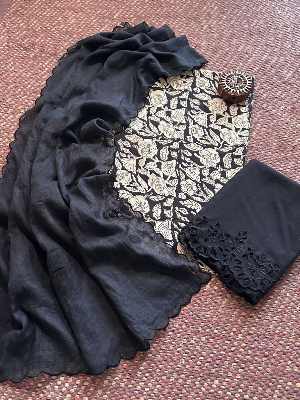 Pure Cotton Hand-blocked Fabric with Cutwork Bottom & Kota Doria Dupatta