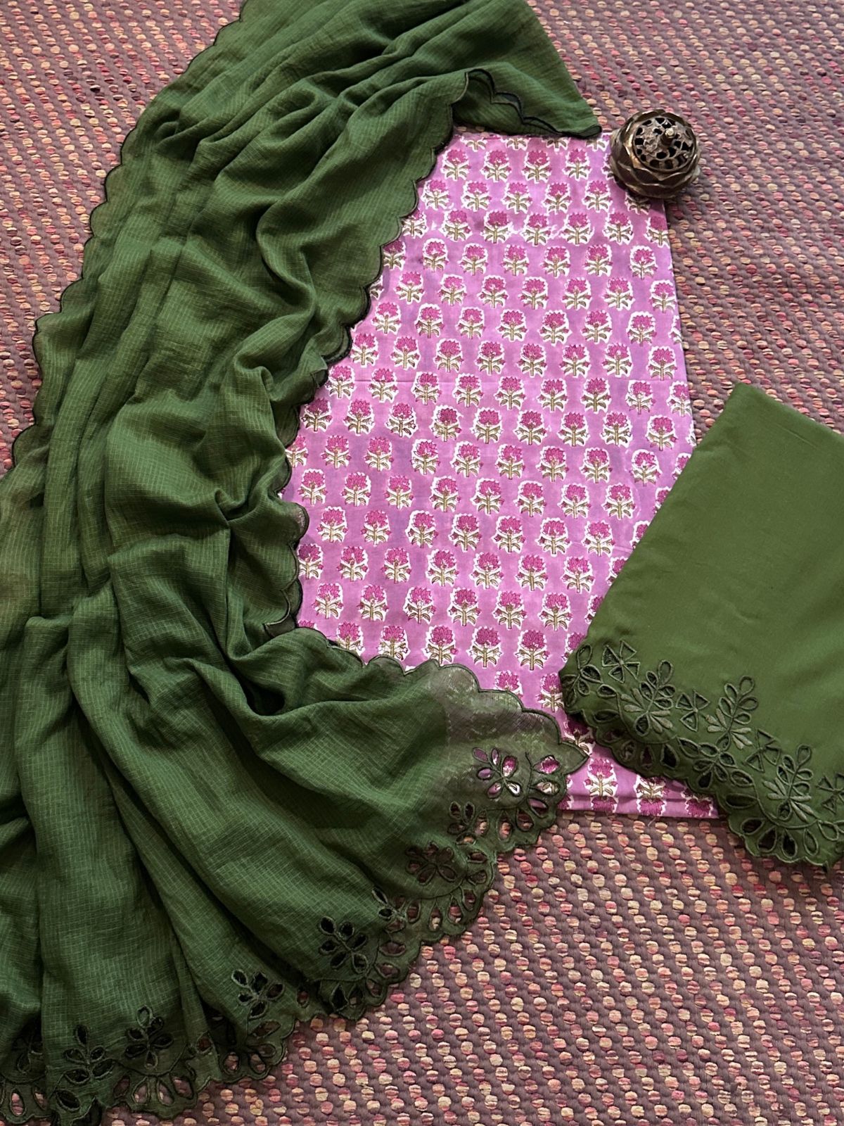 Pure Cotton Hand-blocked Fabric with Cutwork Bottom & Kota Doria Dupatta