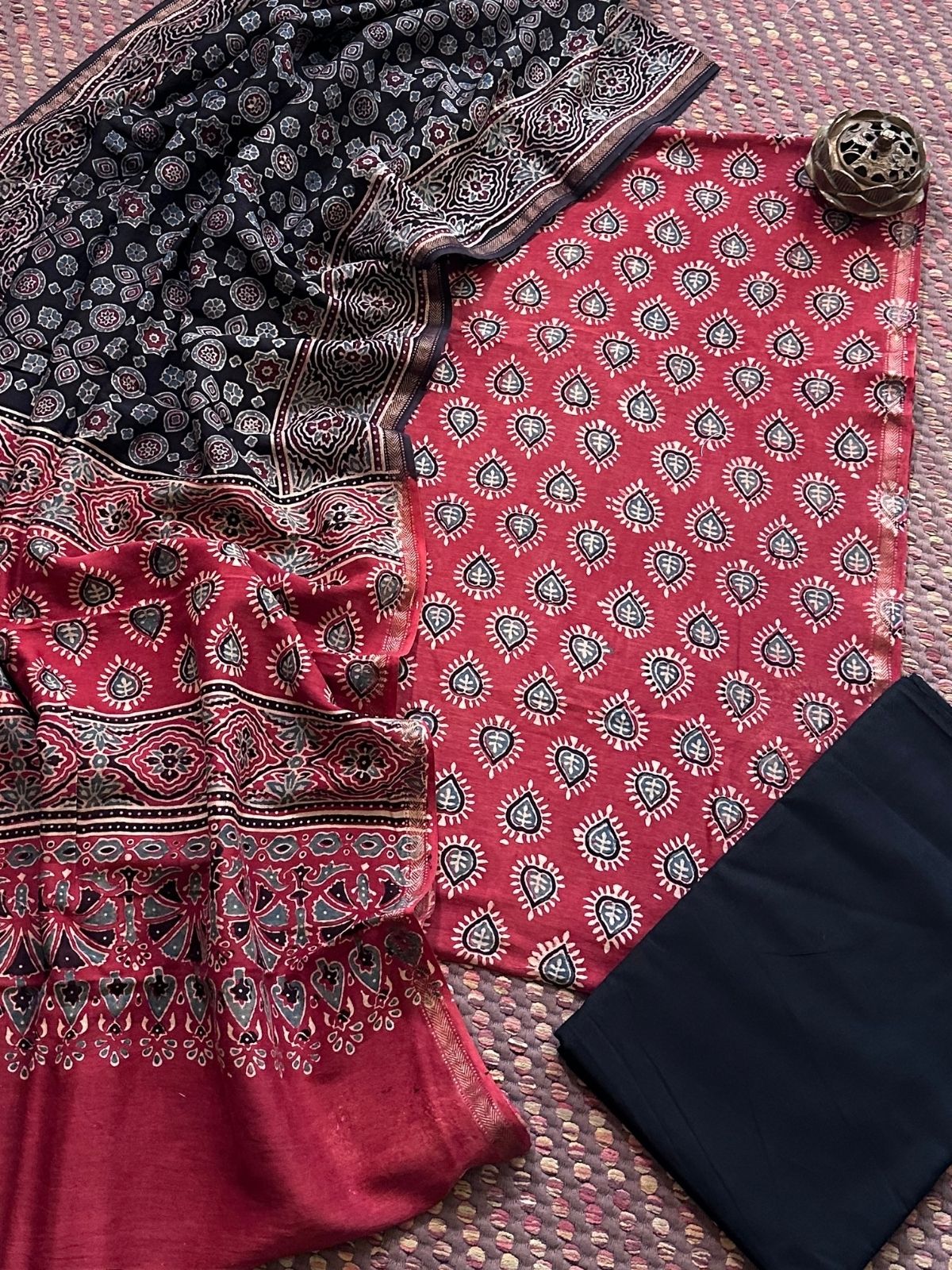 Hand-blocked Ajrak Maheswari Silk Unstitched Set