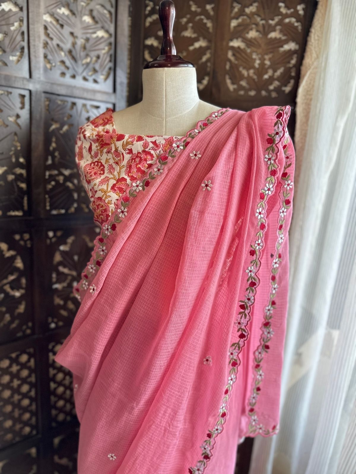 Kota Doria Embroidered Saree with Hand Block Blouse fabric