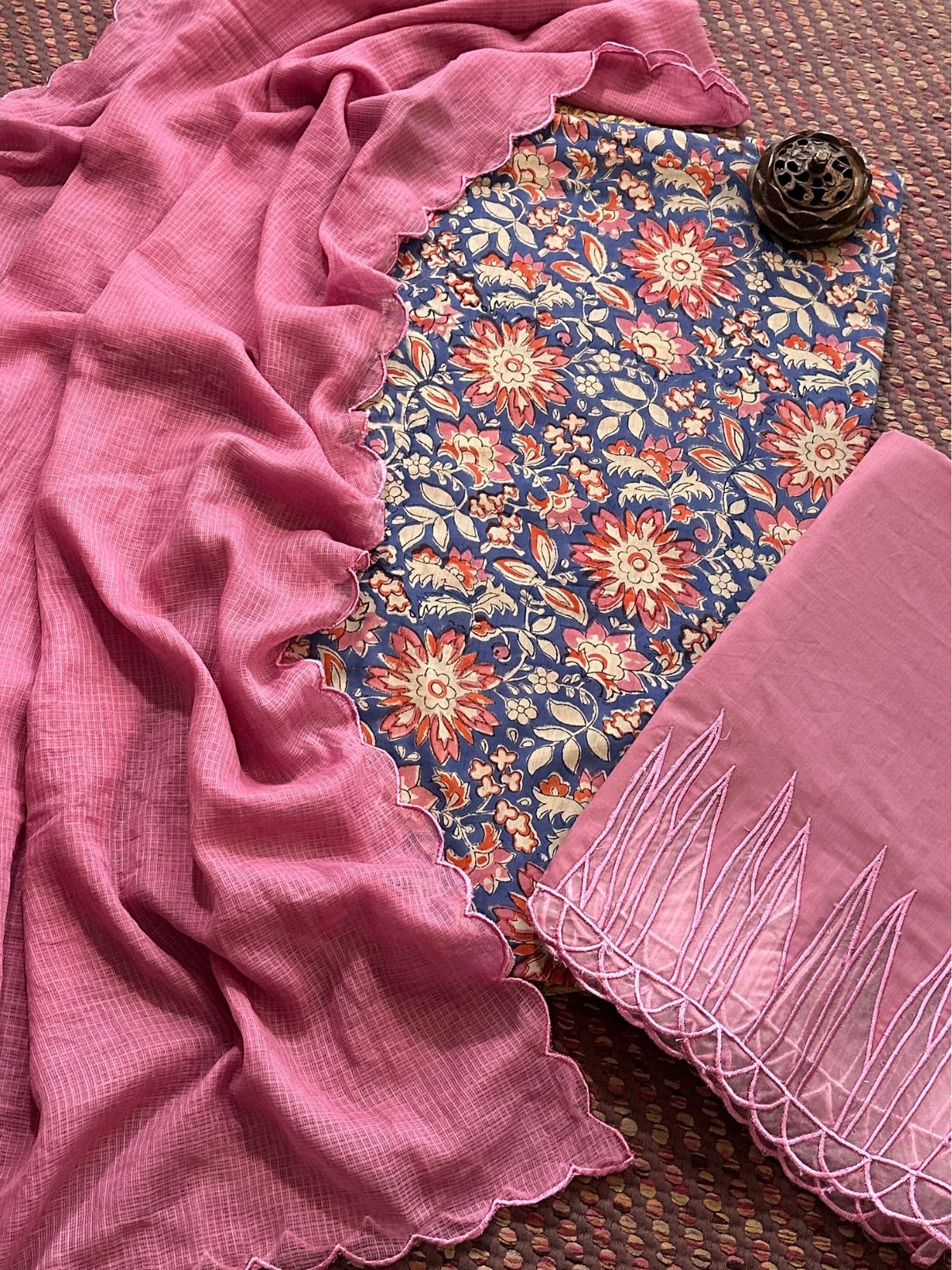 Pure Cotton Hand-blocked Fabric with Cutwork Bottom & Kota Doria Dupatta