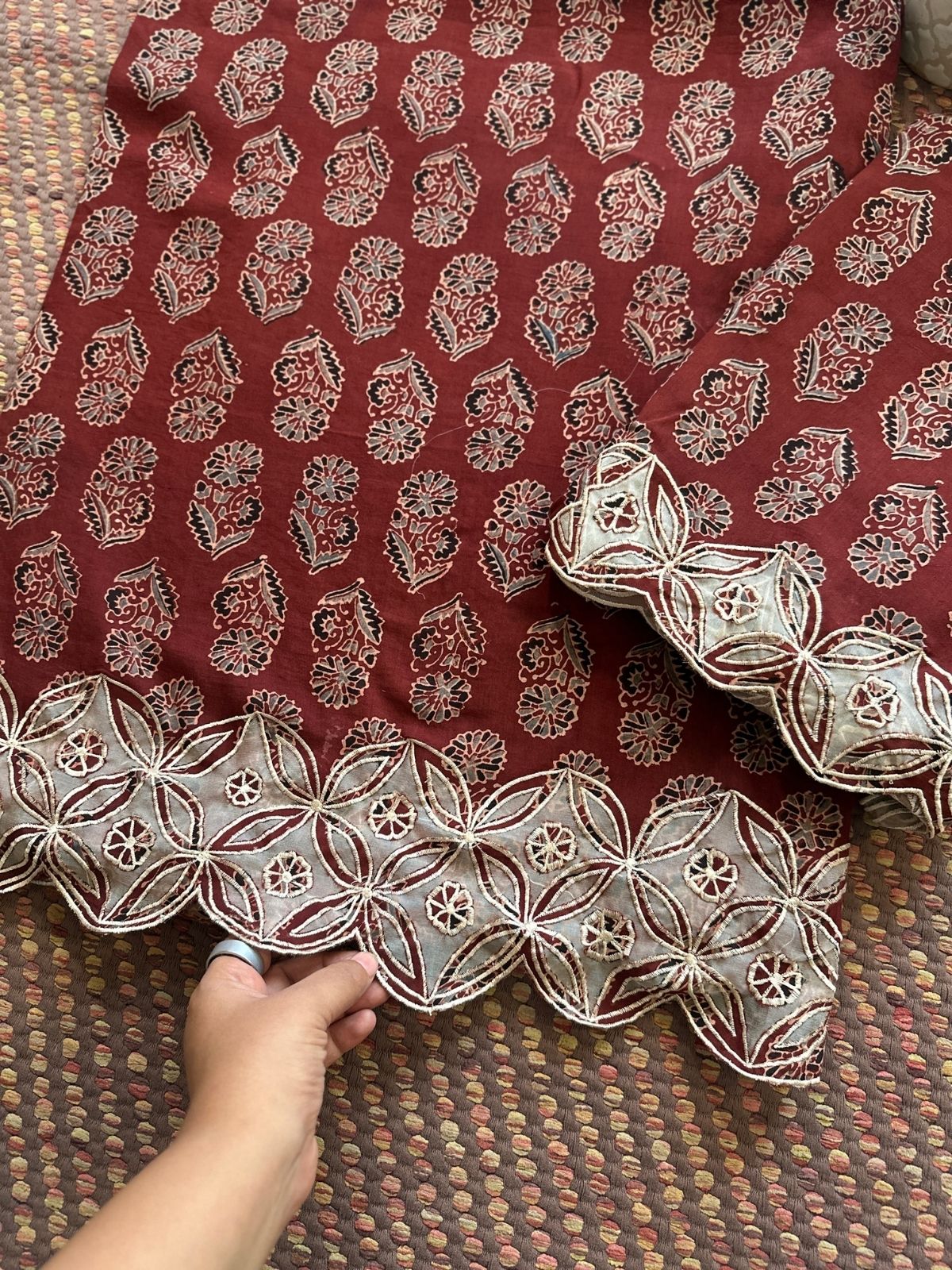 Exclusive Cutwork embroidered Ajrak Cotton Malmal Coord Set