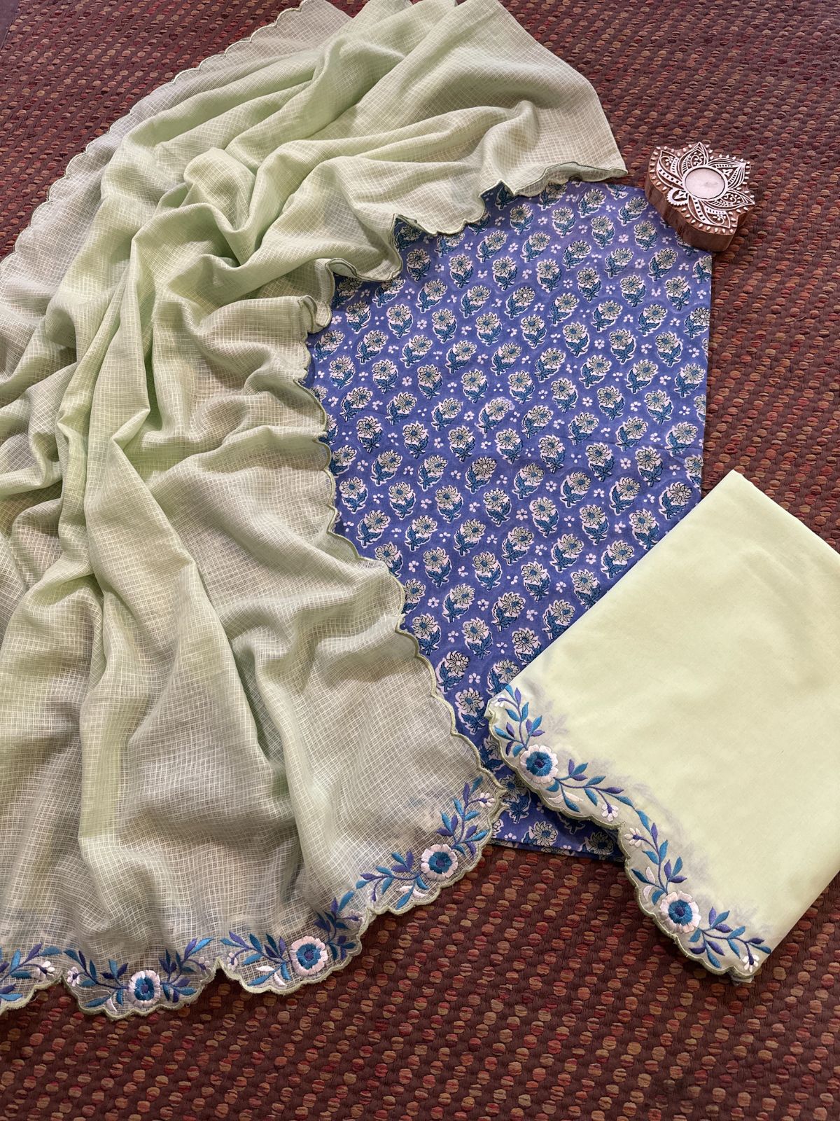 Pure Cotton Hand-block Fabric with Embroidered Bottom & Kota Doria Dupatta