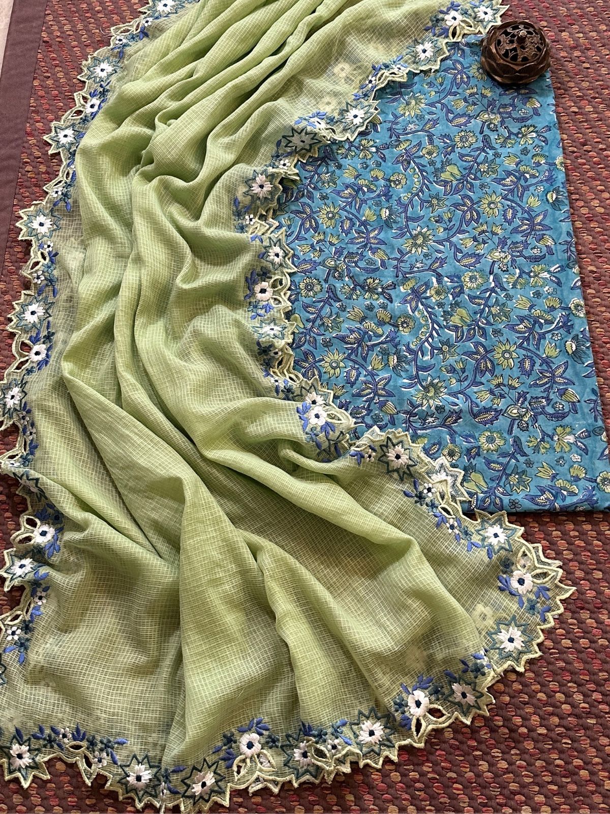 Pure Cotton Handblock Fabric with Exclusive Cutwork Embroidered Dupatta