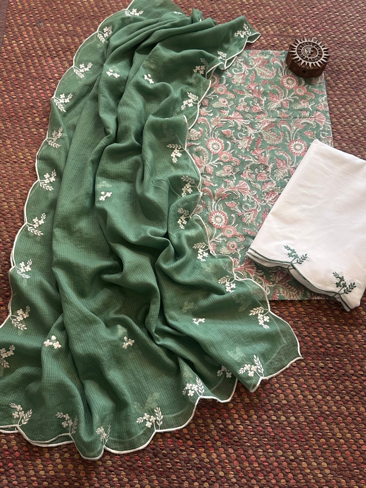 Pure Cotton Hand-block Fabric with Embroidered Bottom & Kota Doria Dupatta