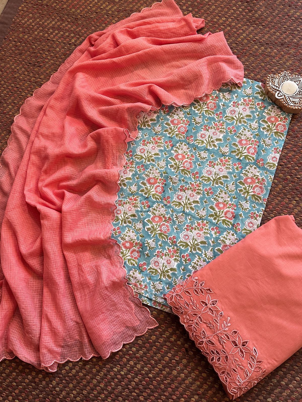 Pure Cotton Hand-blocked Fabric with Cutwork Bottom & Kota Doria Dupatta