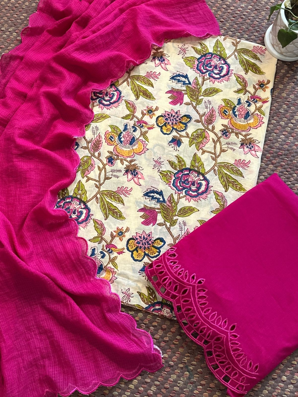 Pure Cotton Malmal Hand-blocked Fabric with Cutwork Bottom & Kota Doria Dupatta