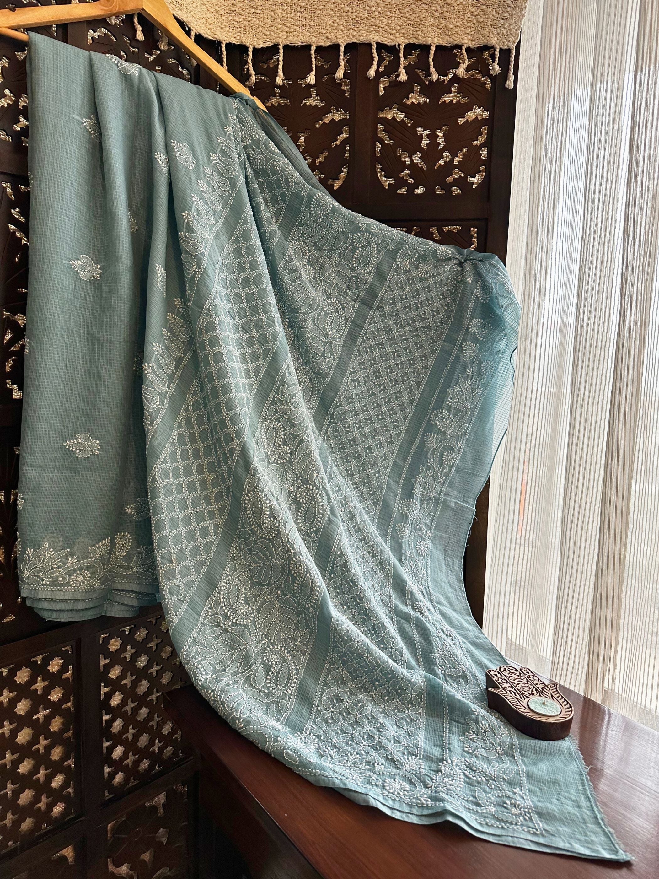 Greyish Blue Chikankari Hand Embroidered Saree