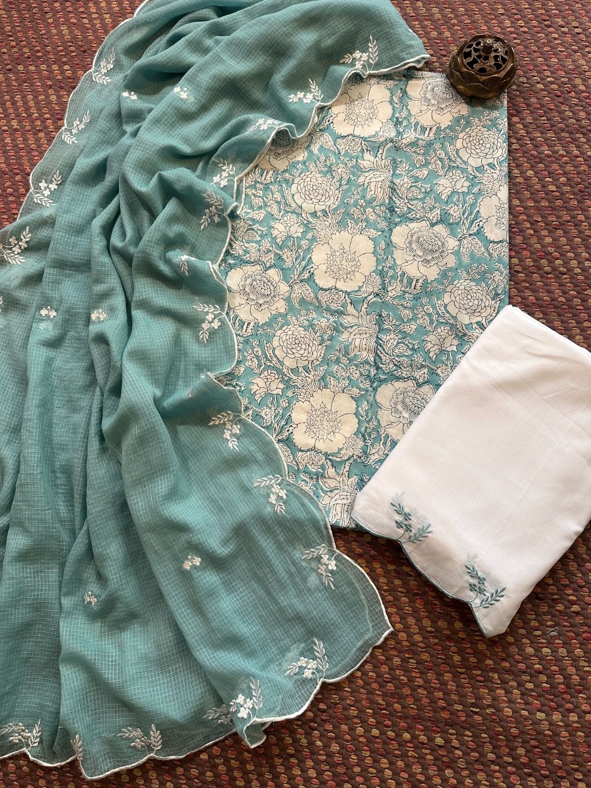 Pure Cotton Hand-block Fabric with Embroidered Bottom & Kota Doria Dupatta