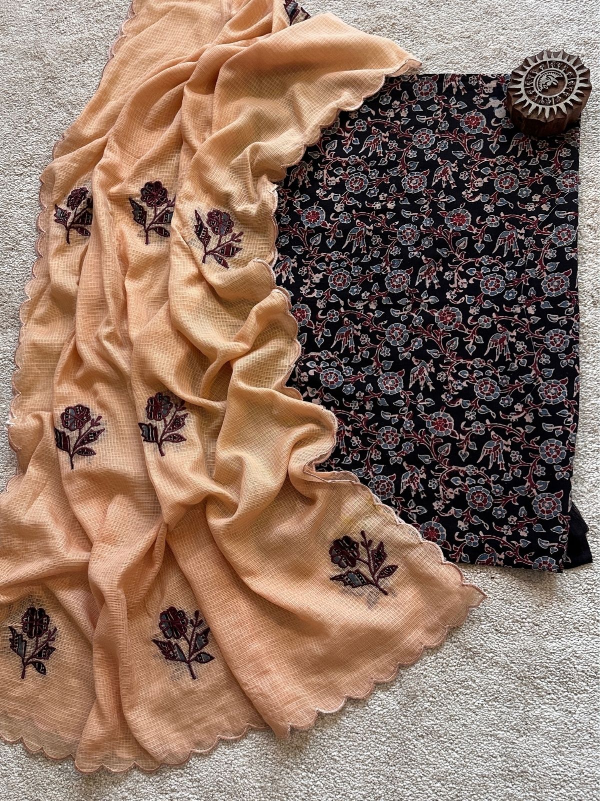 Bagh Set- Ajrak Fabric with Applique Embroidered Dupatta