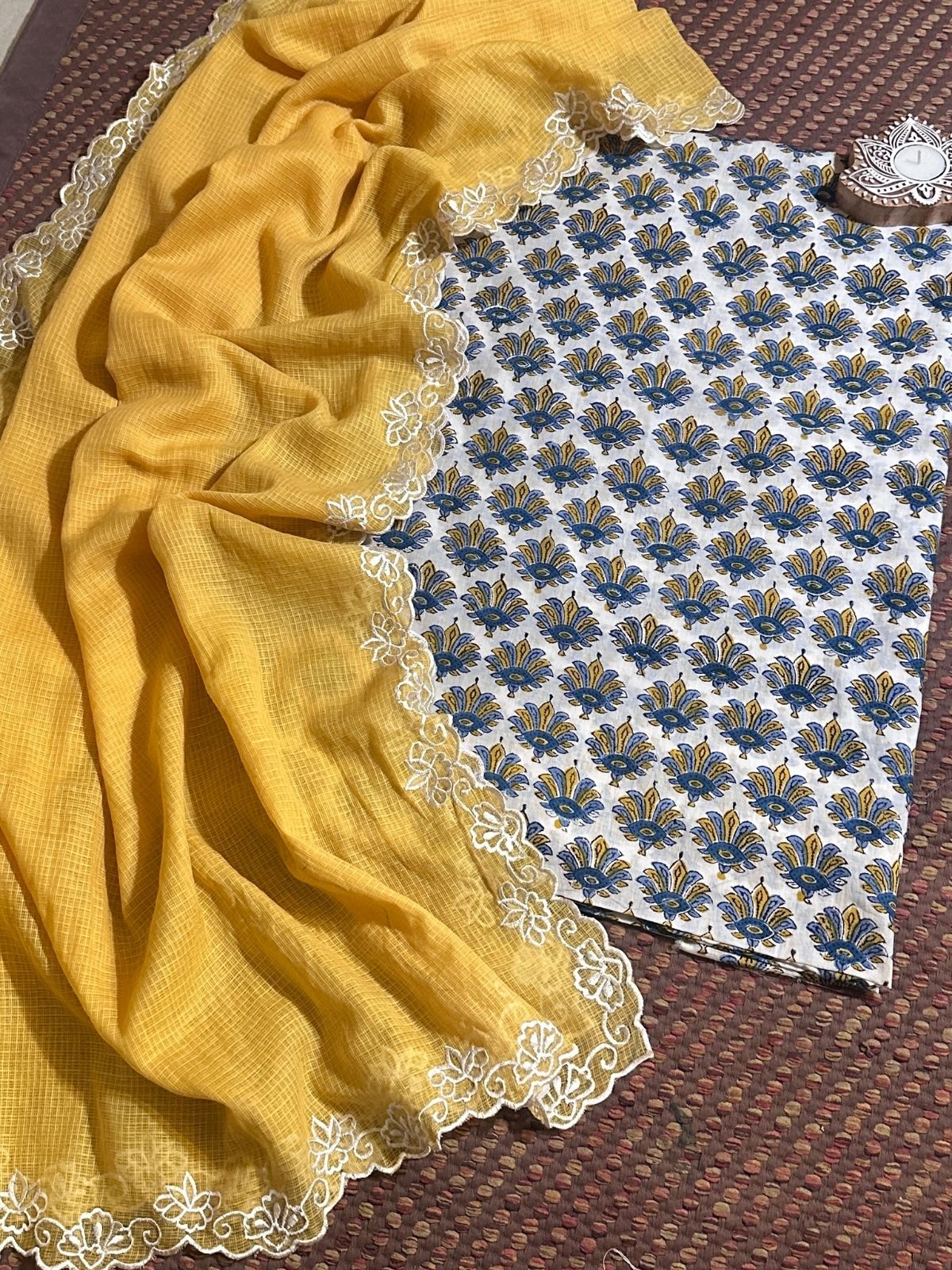 Pure Premium Cotton Malmal Handblock Fabric with Embroidered Dupatta.