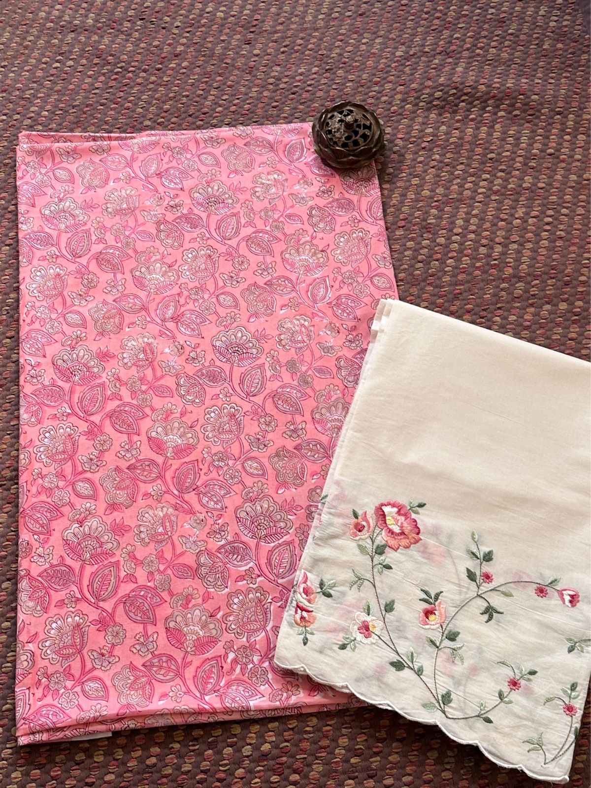 Pure Cotton Hand-blocked Fabric with Embroidered Bottom