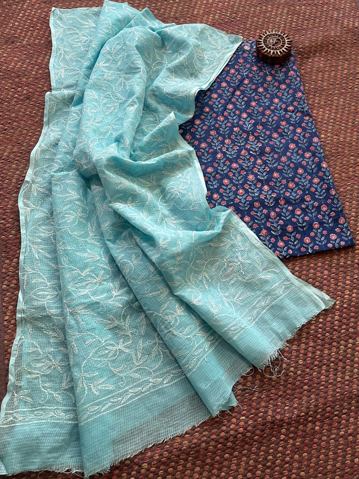 Pure Cotton Hand Blocked Fabric with Chikankari Dupatta