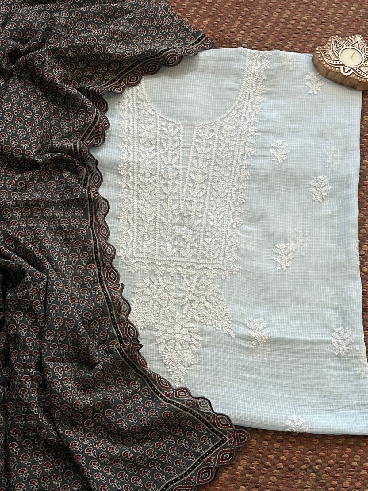 Pastel Blue Chikankari Hand Embroidered Fabric with Ajrak Hadblocked Kota Dupatta