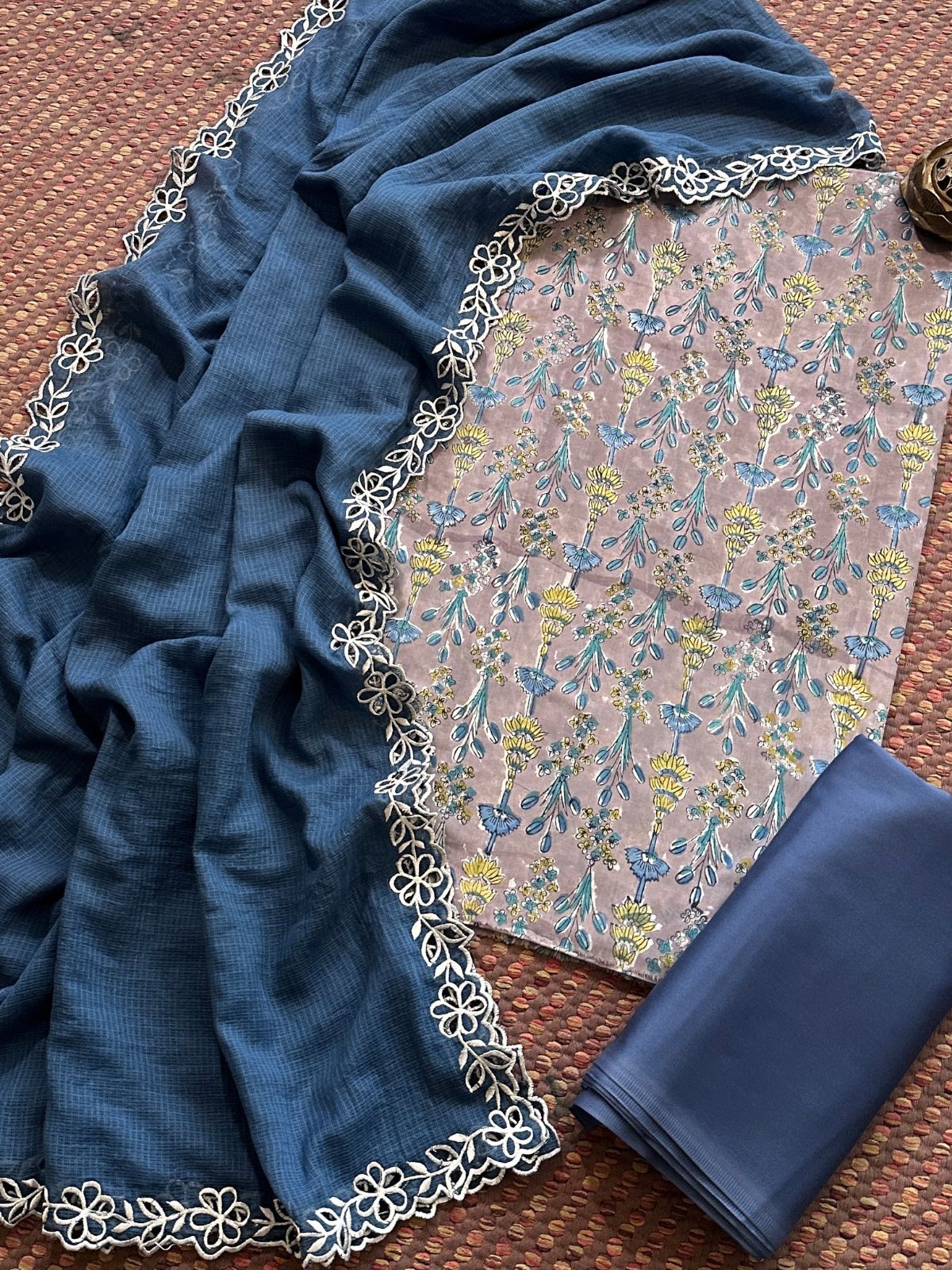 Pure Cotton Malmal Hand-block Fabric set with Cutwork Embroidered Kota Doria Dupatta