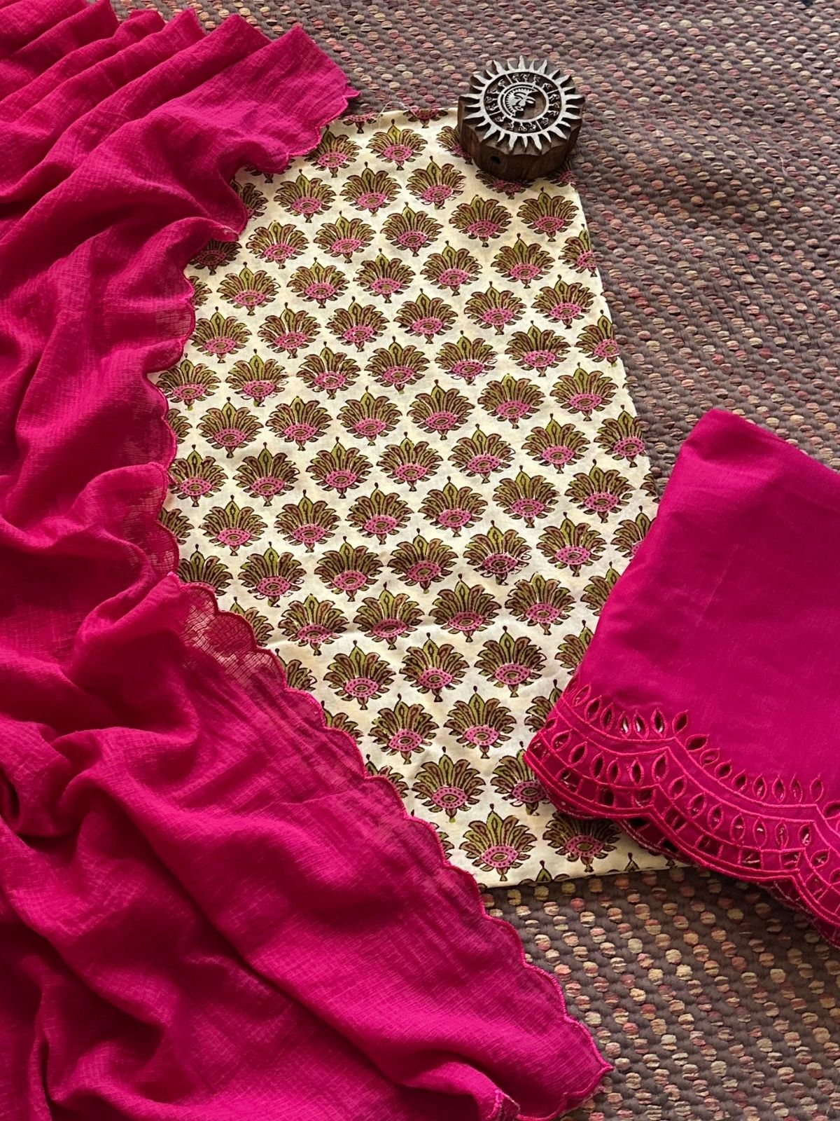 Pure Cotton Malmal Hand-blocked Fabric with Cutwork Bottom & Kota Doria Dupatta