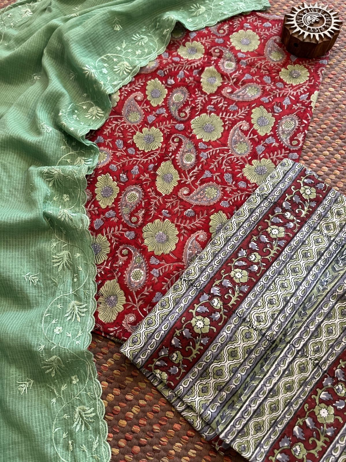 Pure Cotton Hand Blocked Set with Embroidered Dupatta