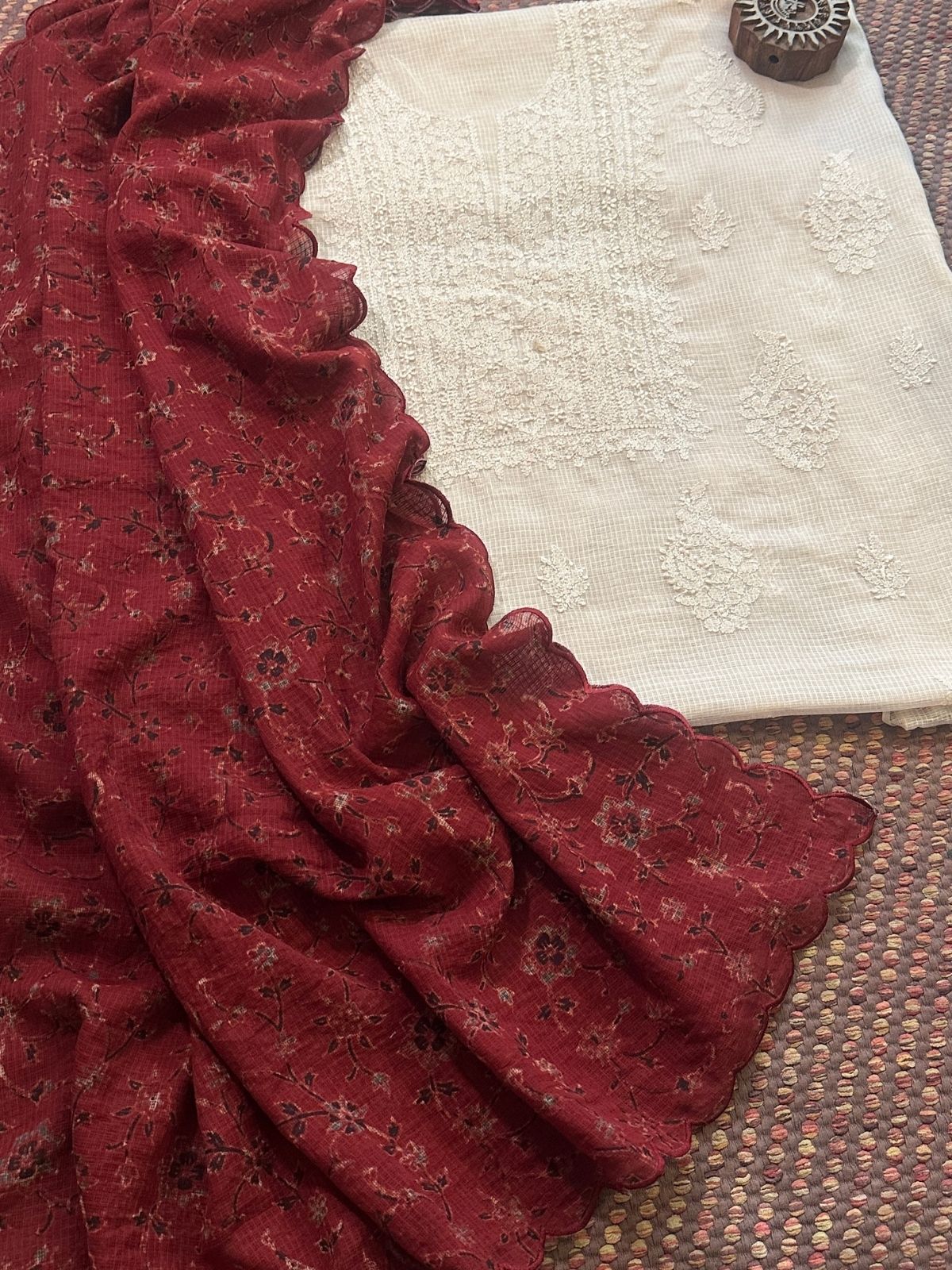 Chikankari Hand Embroidered Fabric with Ajrak Hadblocked Kota Dupatta