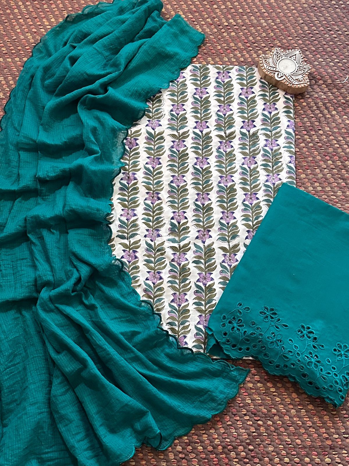Pure Cotton Hand-blocked Fabric with Cutwork Bottom & Kota Doria Dupatta