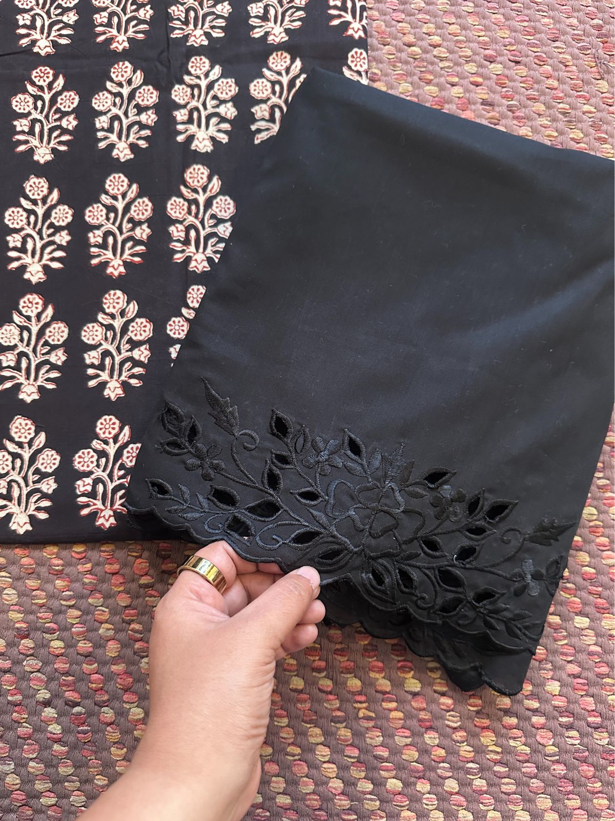 Pure Cotton fabric with Cutwork Bottom Unstitched Set