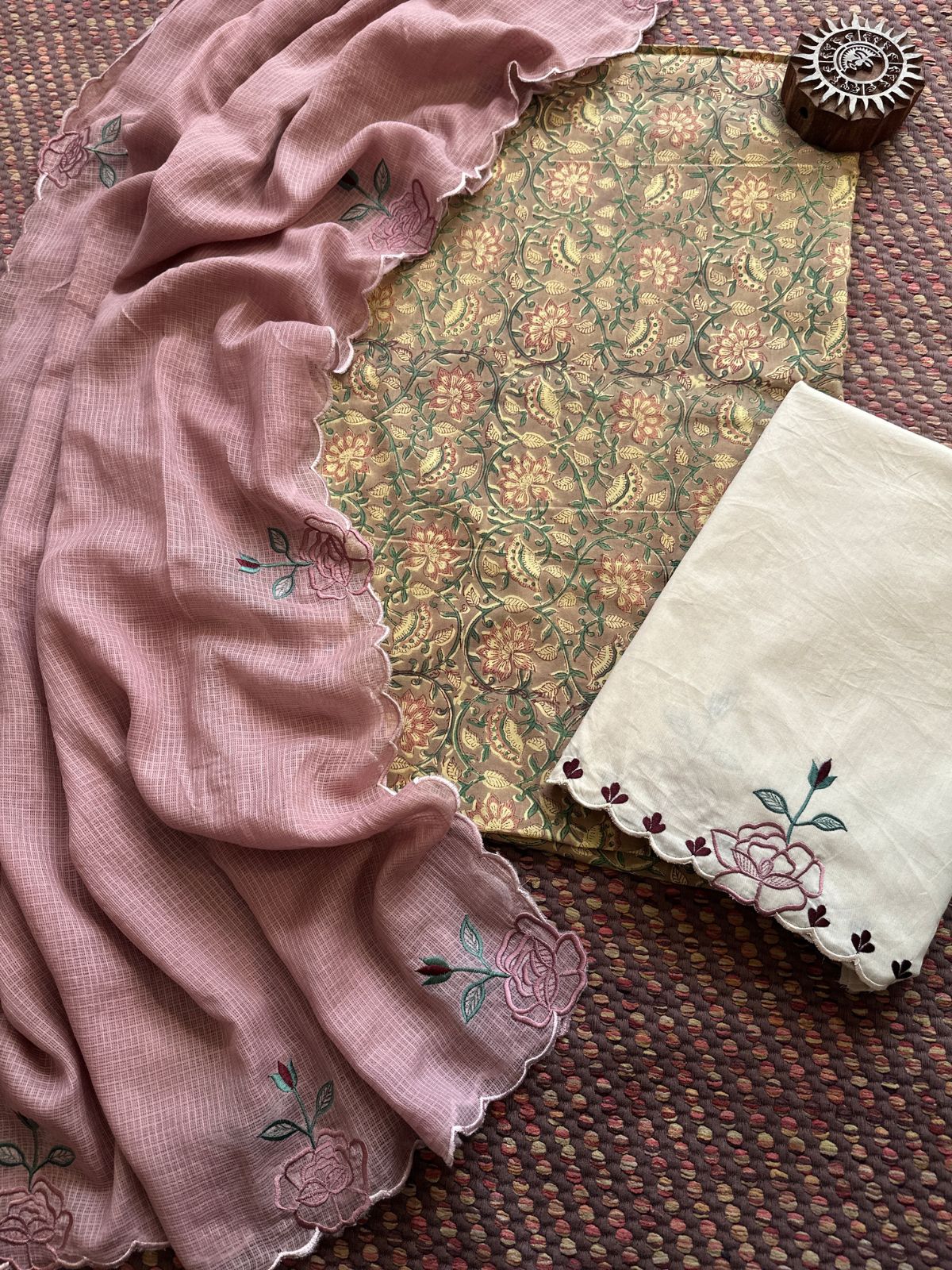 Pure Cotton Malmal Hand-block Fabric with Embroidered Bottom & Kota Doria Dupatta