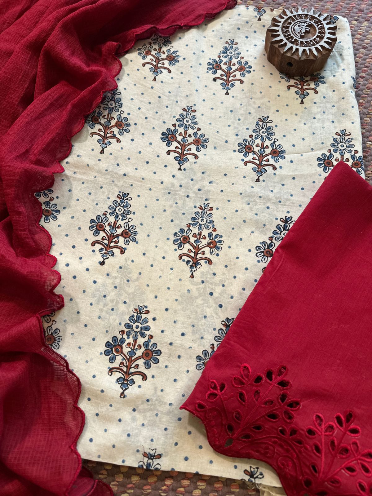 Pure Cotton Malmal  Ajrakh Fabric with Exclusive Cutwork Bottom & Kota Doria Dupatta