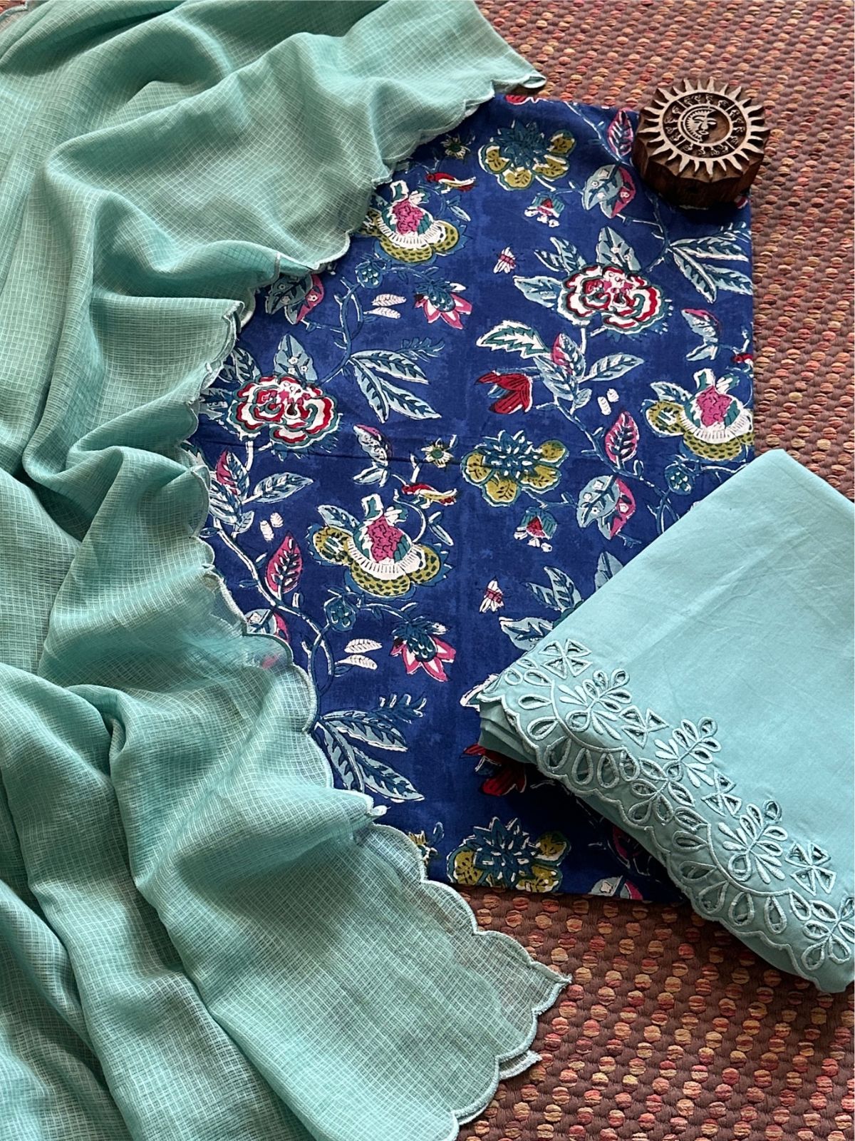 Pure Taj Cotton Hand-blocked Fabric with Cutwork Bottom & Kota Doria Dupatta