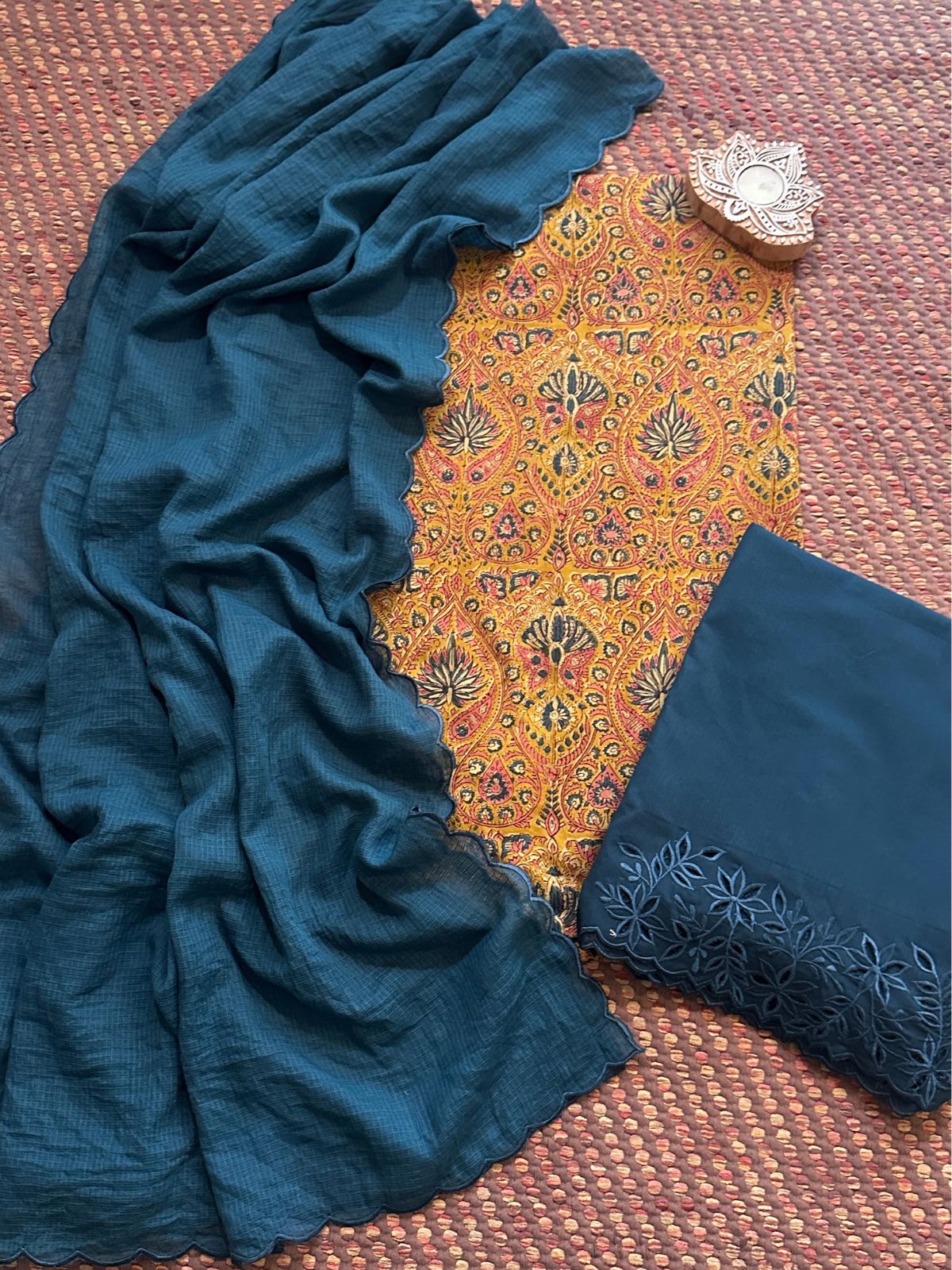 Pure Cotton Malmal Hand-blocked Fabric with Cutwork Bottom & Kota Doria Dupatta