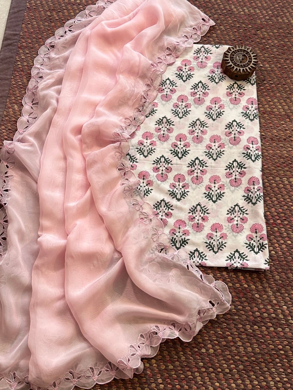 Pure Cotton Handblocked Fabric with Exclusive Cutwork Organza Dupatta