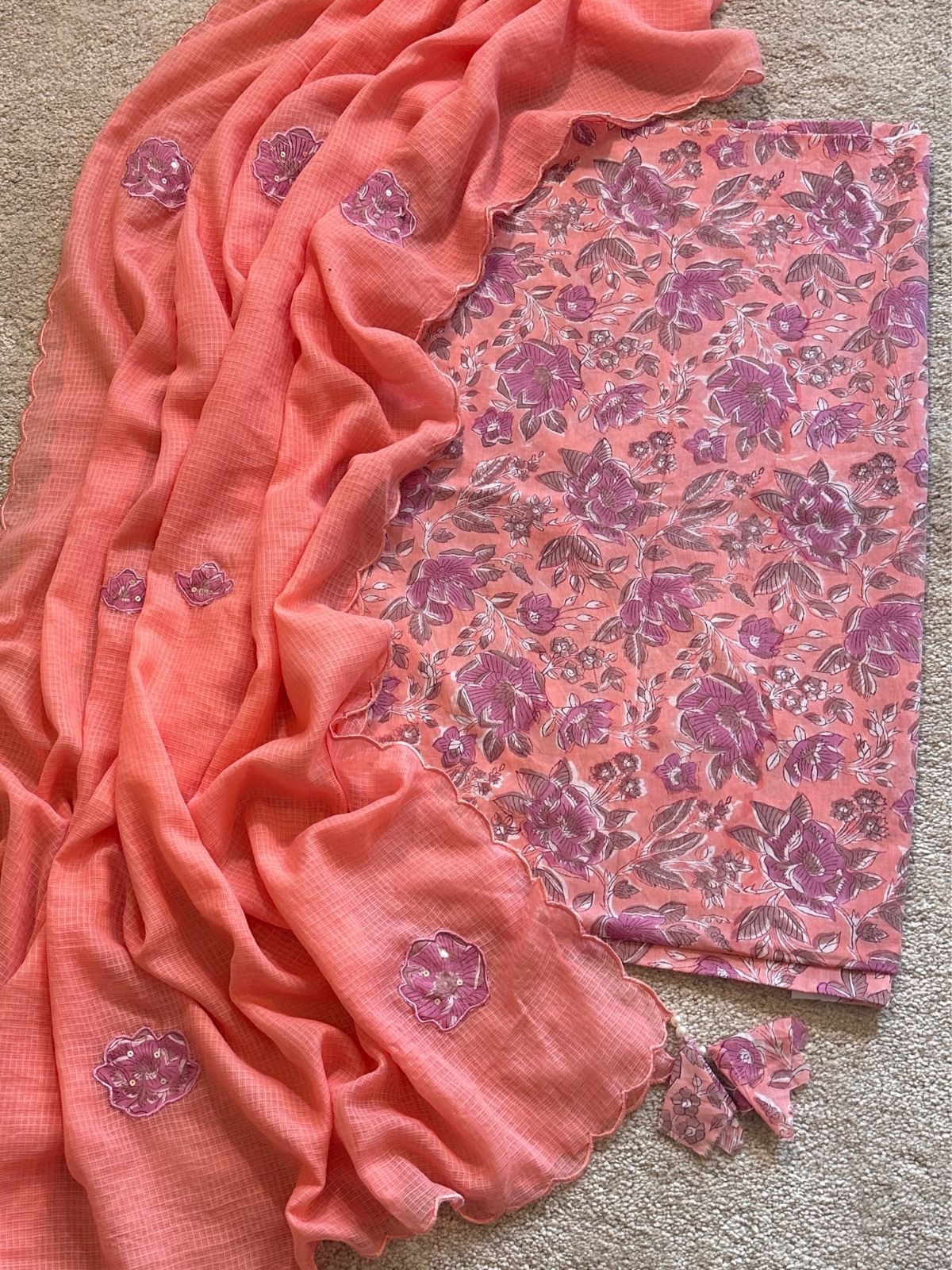 Peach Peony Set- Handblocked Fabric with Applique work Dupatta