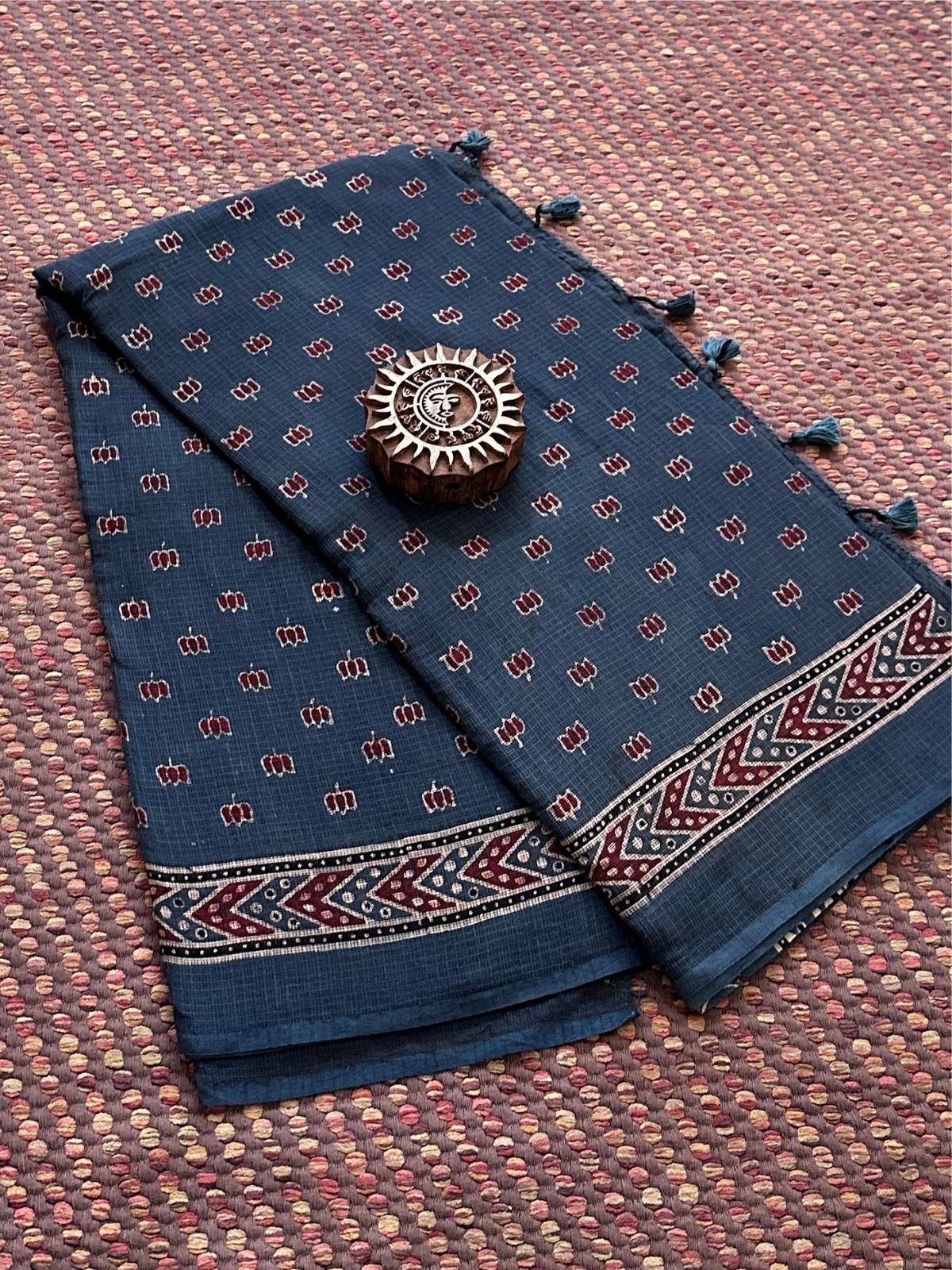 Ajrak Handblocked Kota Doria Embroidered Saree with Blouse Fabric