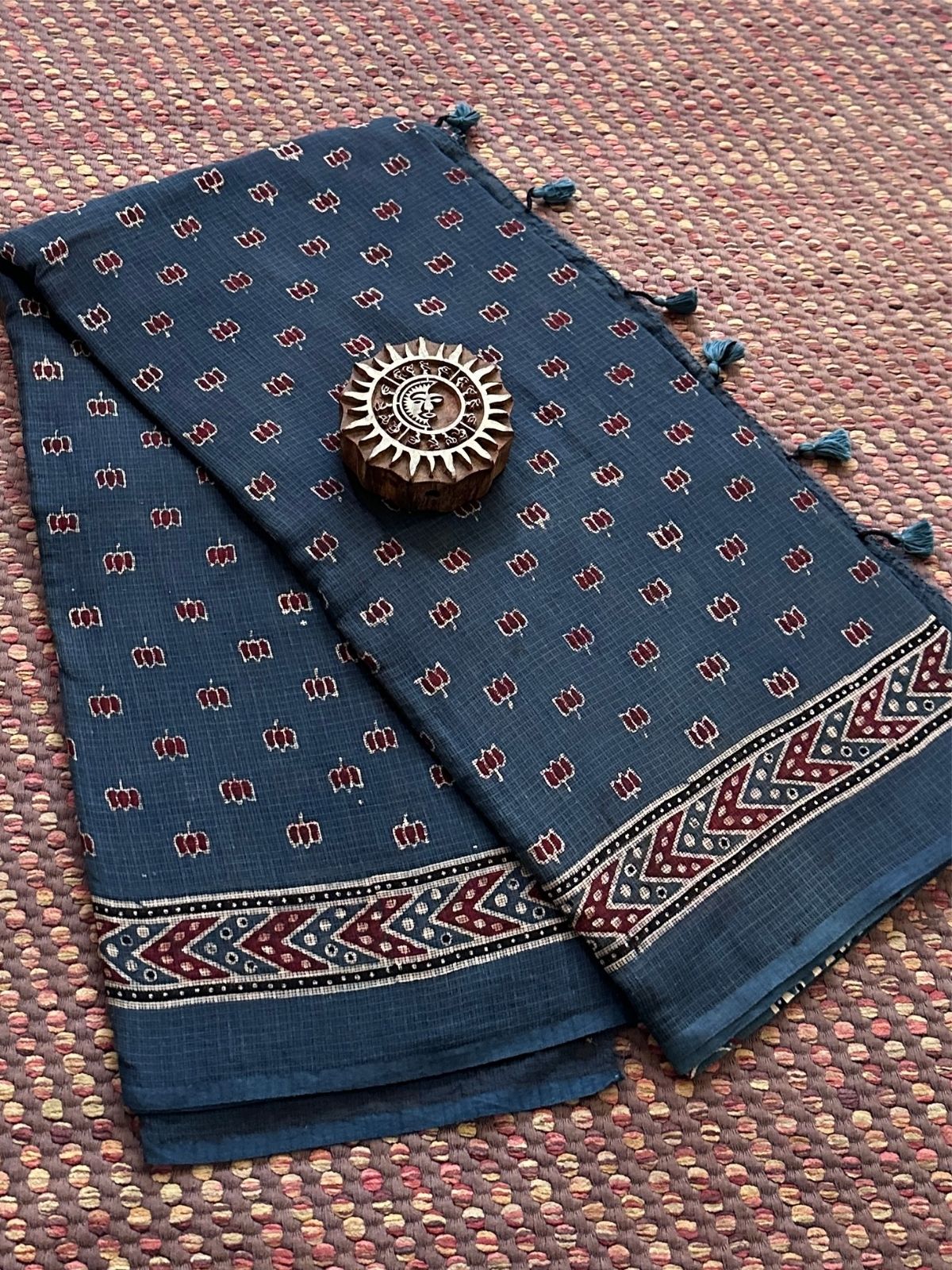 Ajrak Handblocked Kota Doria Embroidered Saree with Blouse Fabric