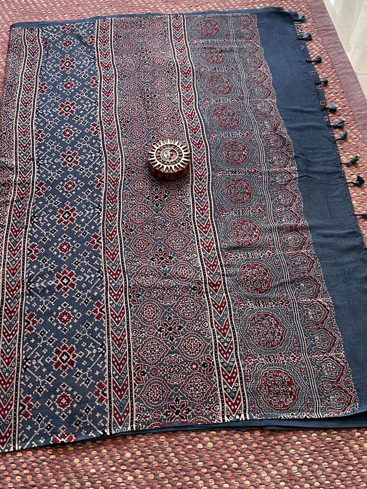 Ajrak Handblocked Kota Doria Embroidered Saree with Blouse Fabric