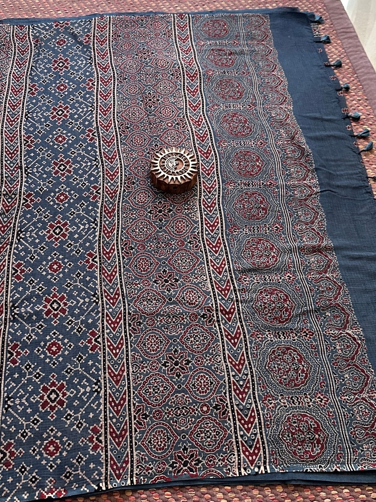 Ajrak Handblocked Kota Doria Embroidered Saree with Blouse Fabric