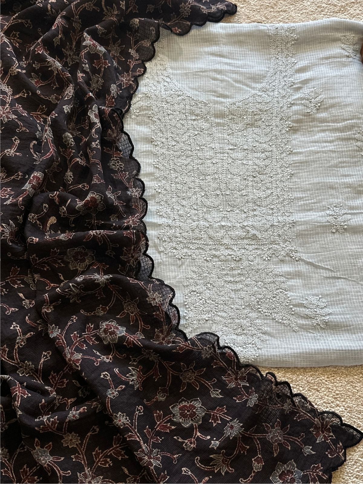 Chikankari Hand Embroidered Fabric with Ajrak Hadblocked Kota Dupatta