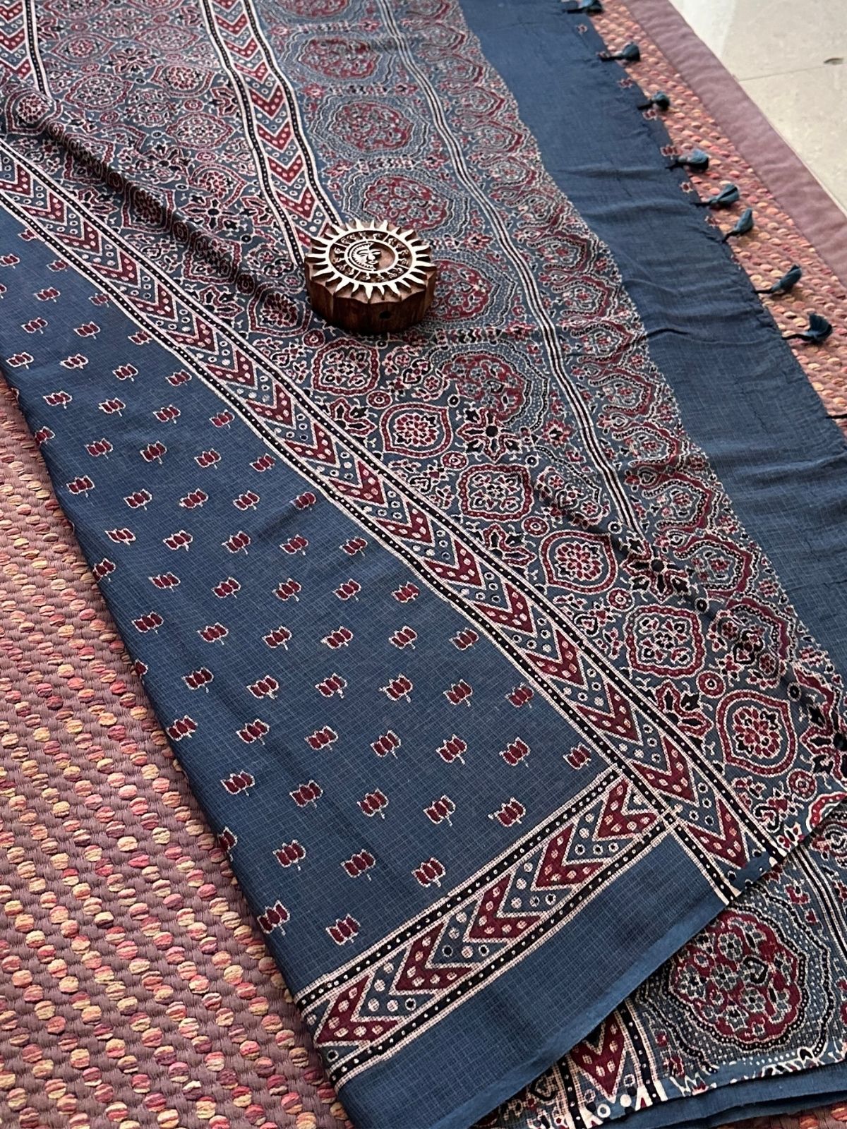 Ajrak Handblocked Kota Doria Embroidered Saree with Blouse Fabric