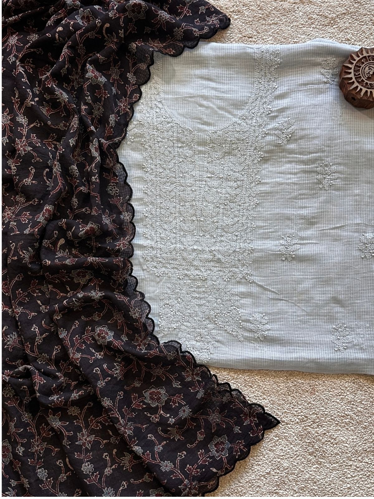 Chikankari Hand Embroidered Fabric with Ajrak Hadblocked Kota Dupatta