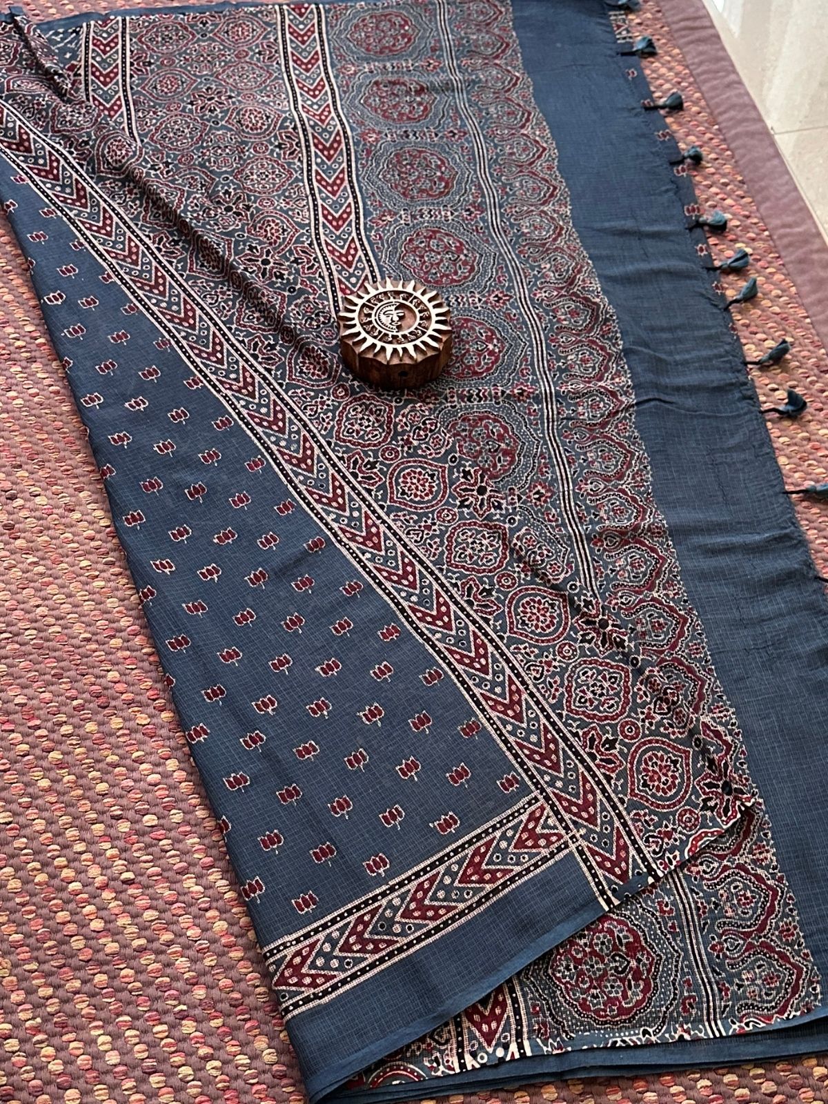 Ajrak Handblocked Kota Doria Embroidered Saree with Blouse Fabric