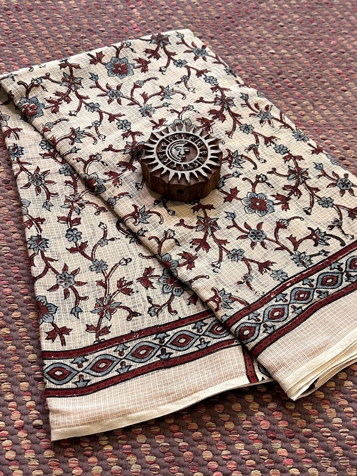 Ajrak Handblocked Kota Doria Embroidered Saree with Blouse Fabric