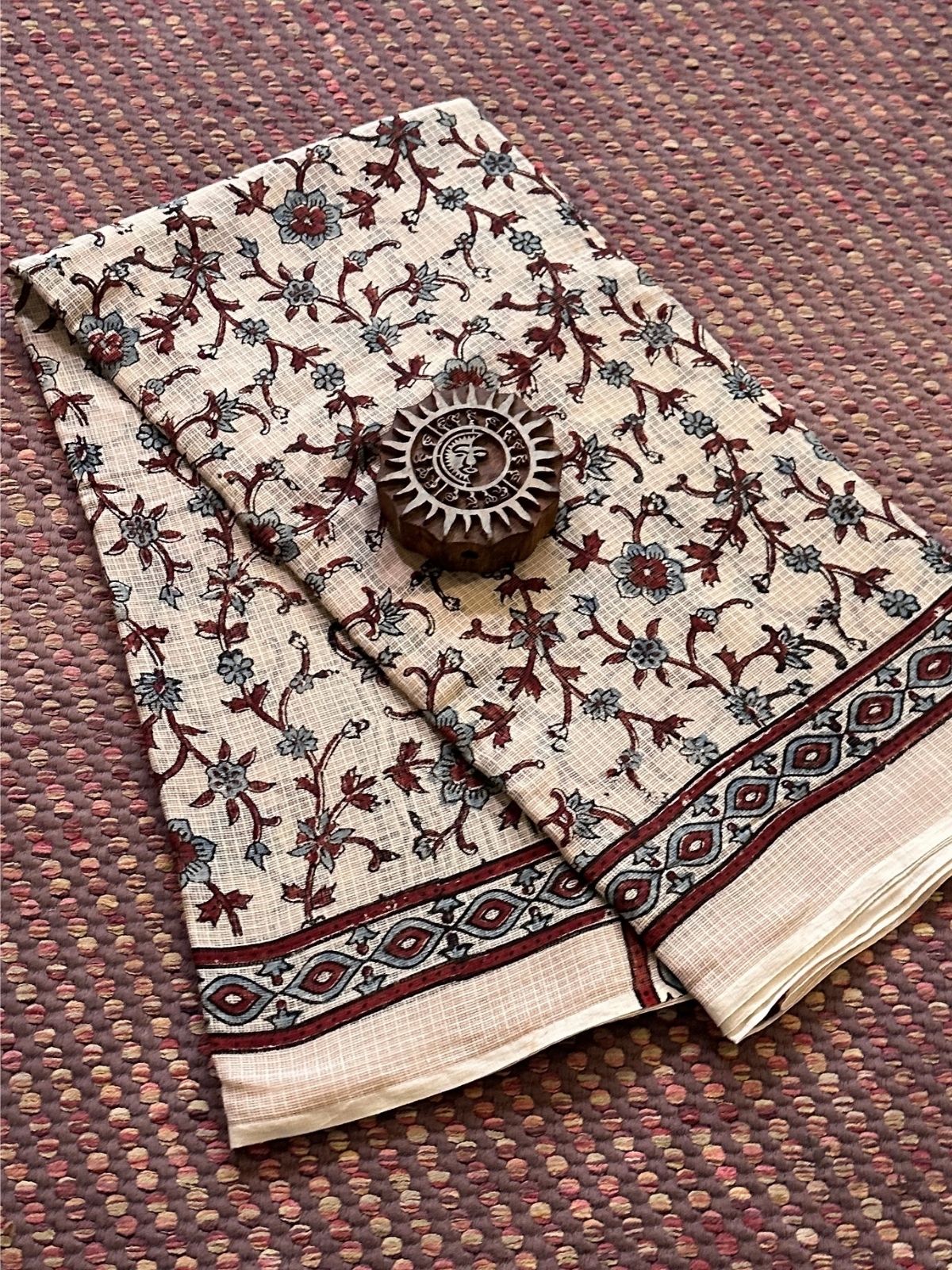Ajrak Handblocked Kota Doria Embroidered Saree with Blouse Fabric