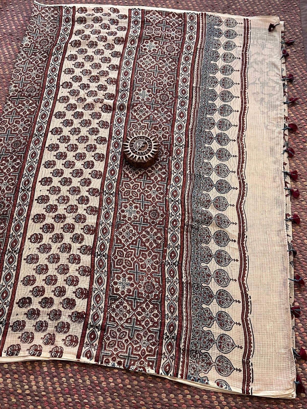 Ajrak Handblocked Kota Doria Embroidered Saree with Blouse Fabric