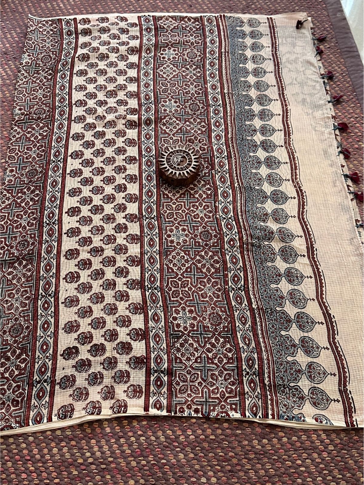 Ajrak Handblocked Kota Doria Embroidered Saree with Blouse Fabric