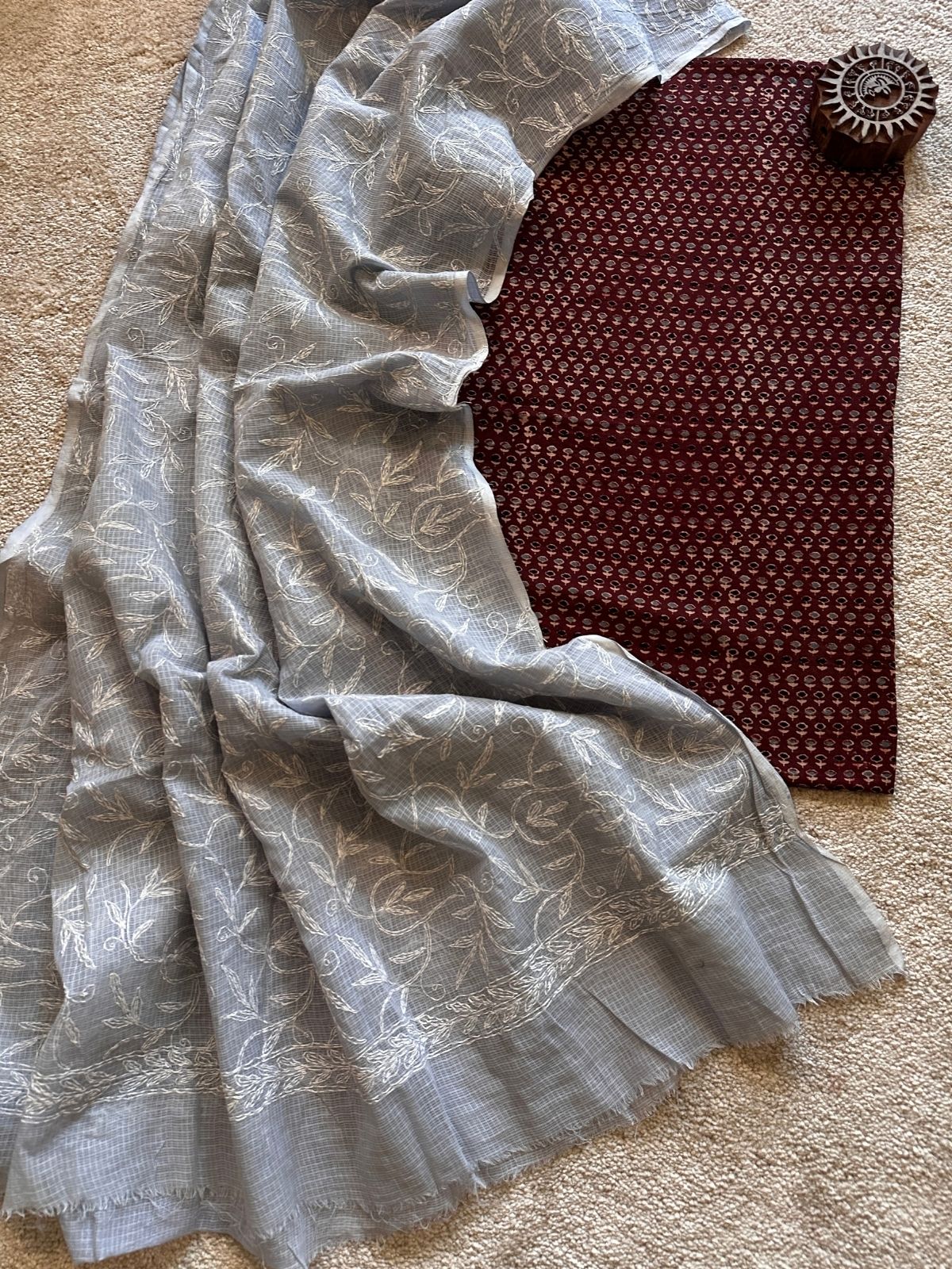 Shreya Unstitched Set- Ajrak Fabric with Chikankari Kota Dupatta