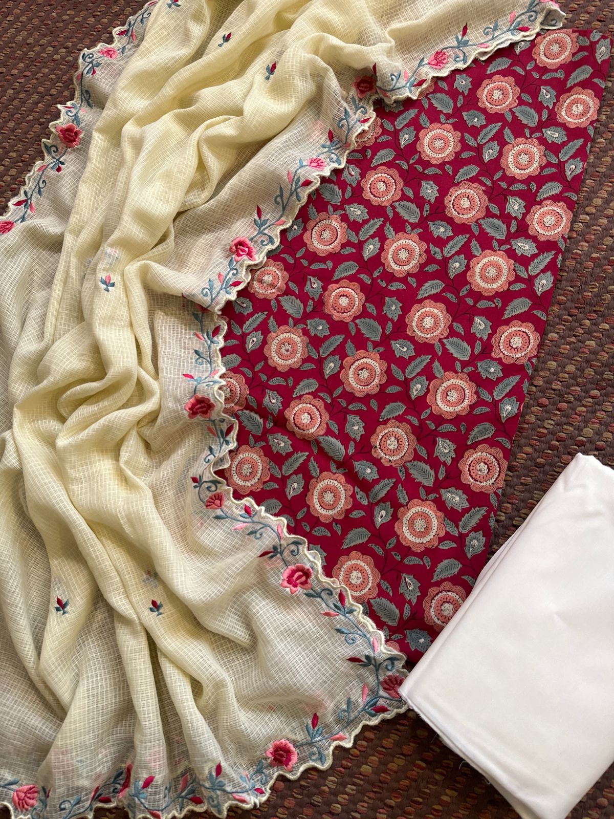 Pure Cotton Hand-block Fabric set with Embroidered Kota Doria Dupatta