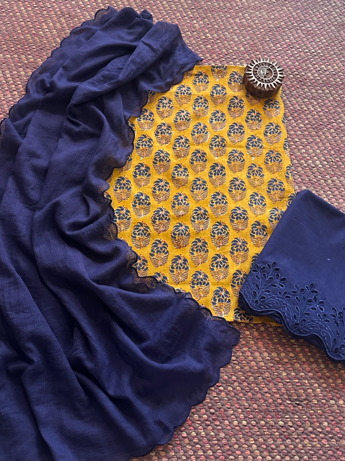 Pure Cotton Malmal Hand-blocked Fabric with Cutwork Bottom & Kota Doria Dupatta