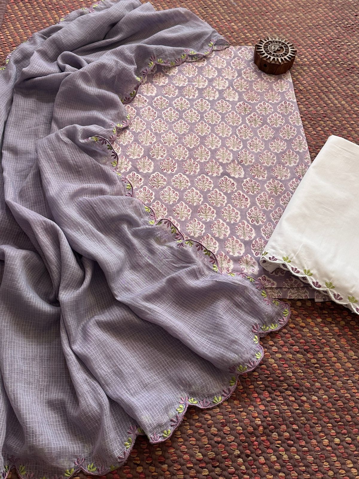 Pure Cotton Hand-block Fabric with Exclusive Embroidered Bottom & Kota Doria Dupatta
