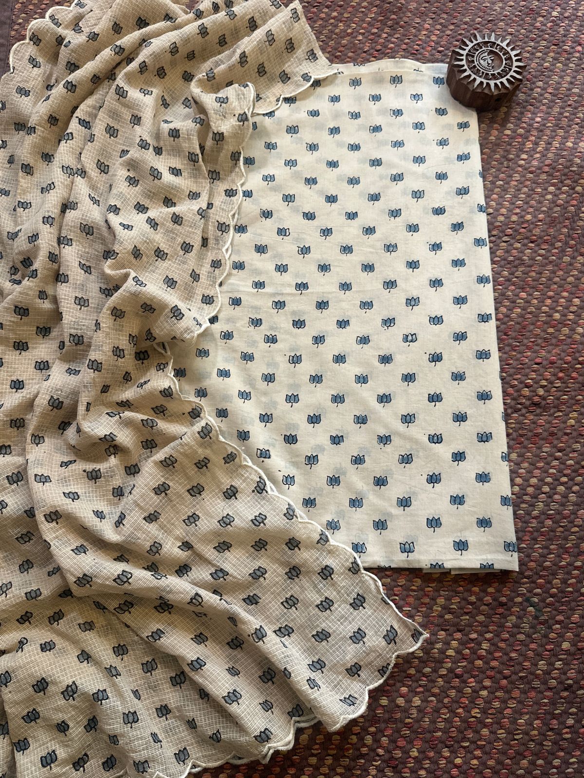 Ajrakh Cotton Malmal Handblocked Set- Top & Dupatta
