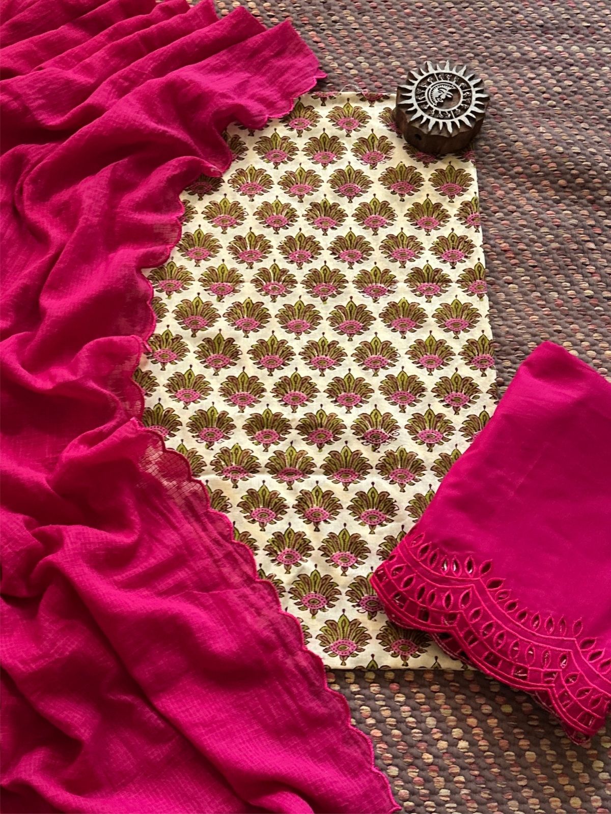 Pure Cotton Malmal Hand-blocked Fabric with Cutwork Bottom & Kota Doria Dupatta