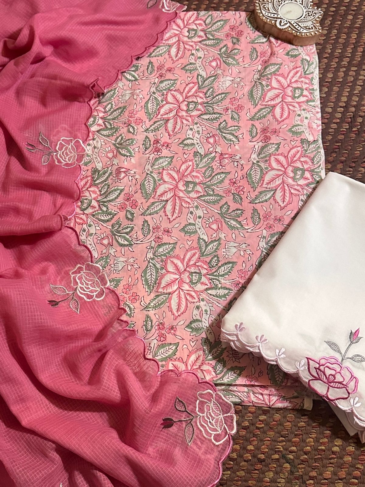 Pure Cotton Hand-block Fabric with Embroidered Bottom & Kota Doria Dupatta