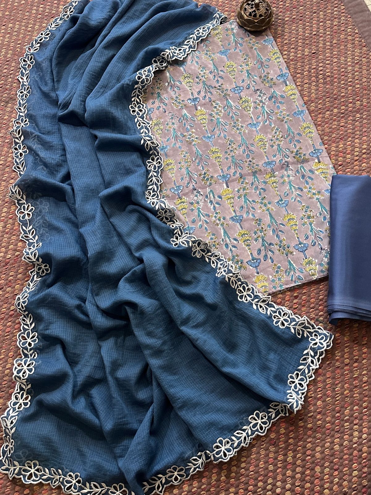 Pure Cotton Malmal Hand-block Fabric set with Cutwork Embroidered Kota Doria Dupatta